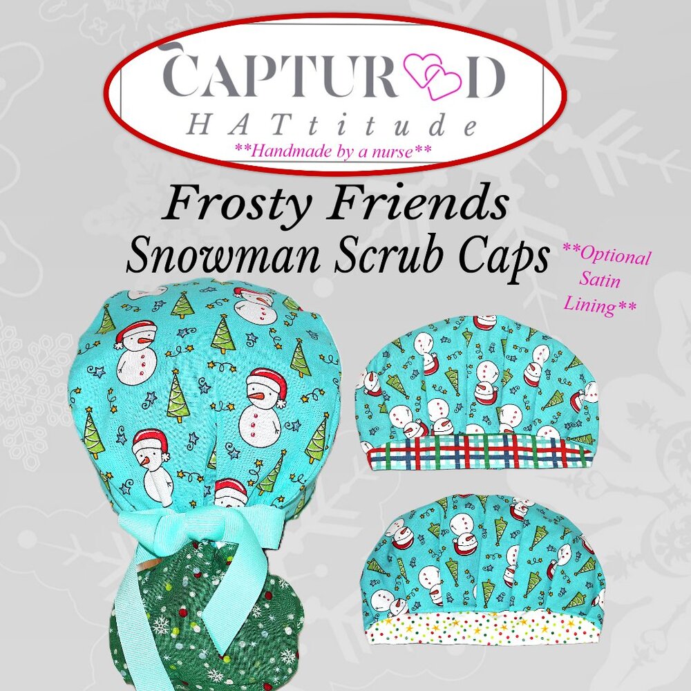 Womens Bouffant Scrub Cap Frost Friends Snowman Christmas Bonnet